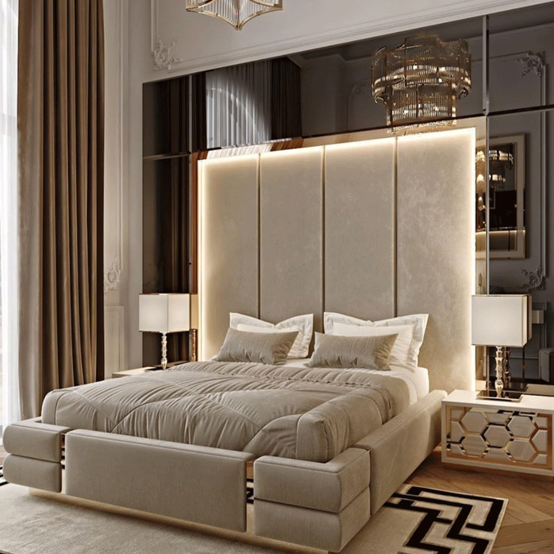دیزاین مدرن دیوار پشت تخت خواب با آینه