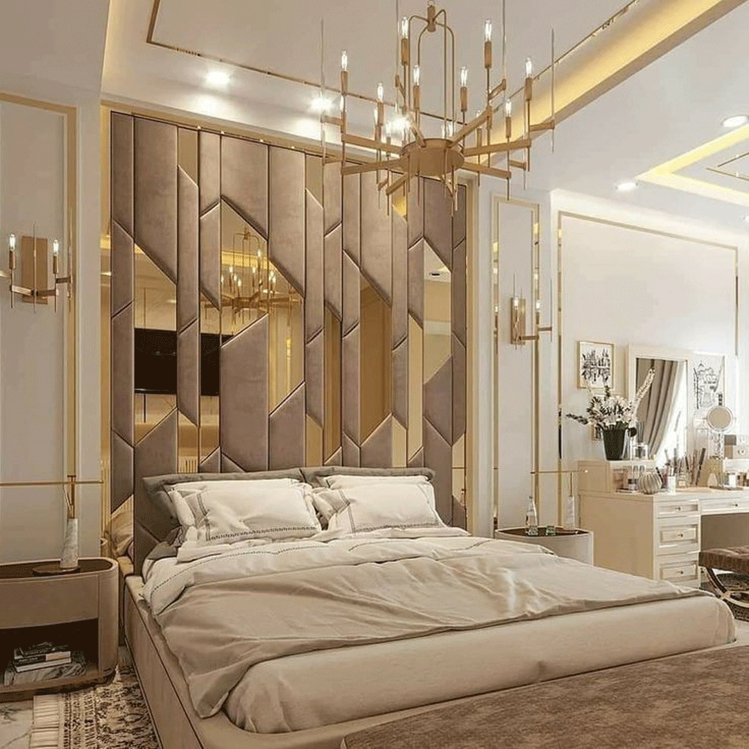 دیزاین دیوار پشت تخت خواب یه رنگ کرمی