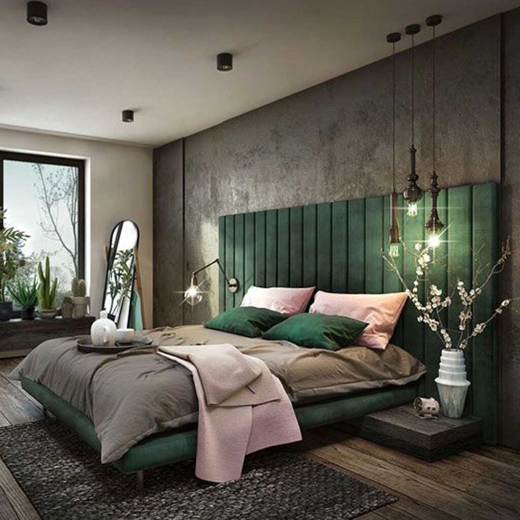 دیزاین اتاق خواب با تم سبز لوکس