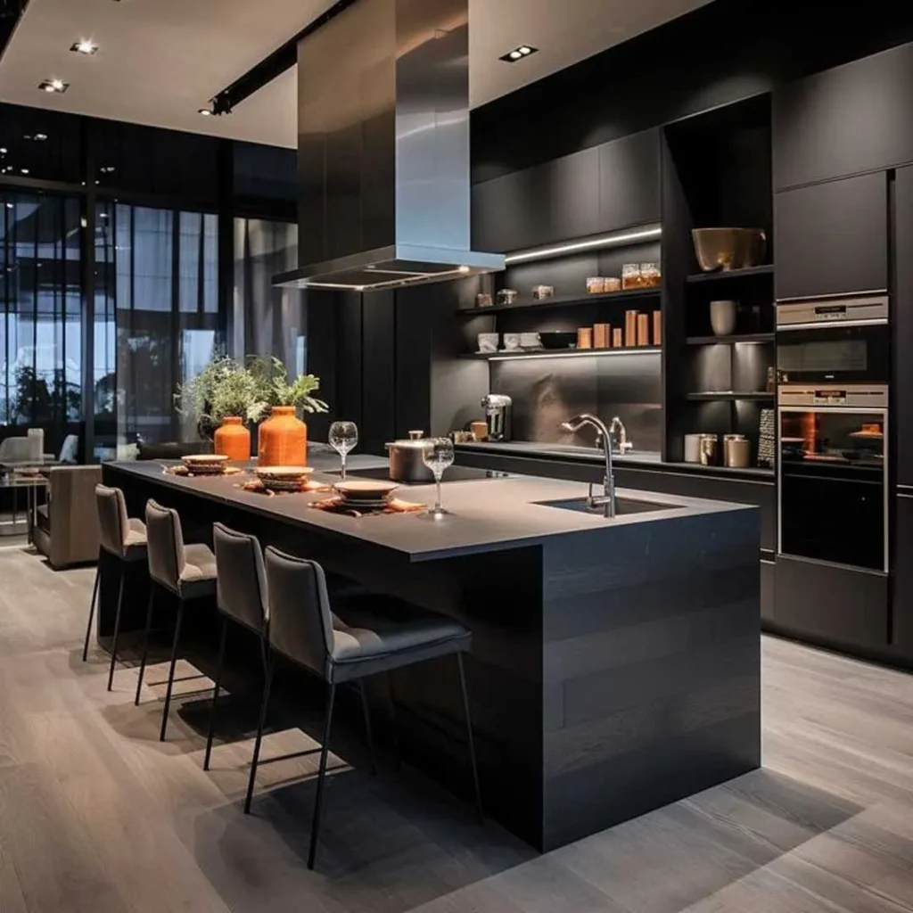 دیزاین کابینت آشپزخانه با تم سیاه مینیمال