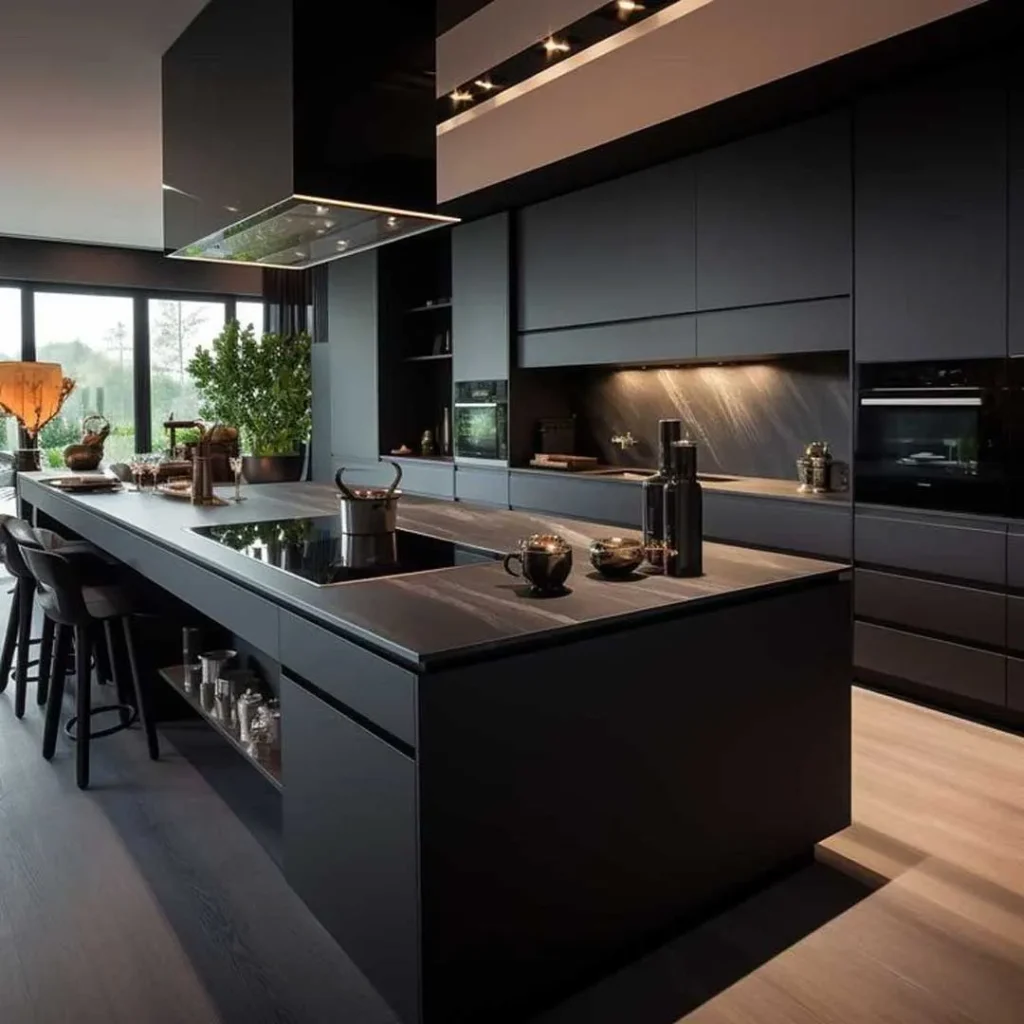 دیزاین کابینت آشپزخانه با تم سیاه ساده