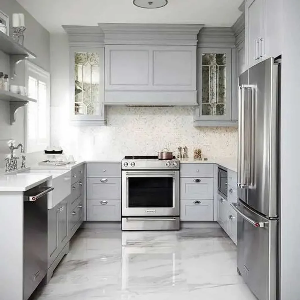  طراحی کابینت آشپزخانه با تم طوسی زیبا