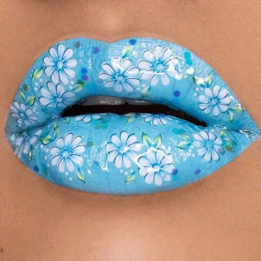 آرایش لب آبی گل گلی