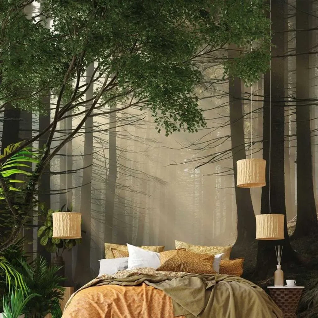 طراحی دیوار اتاق خواب با طرح جنگل بی نظیر
