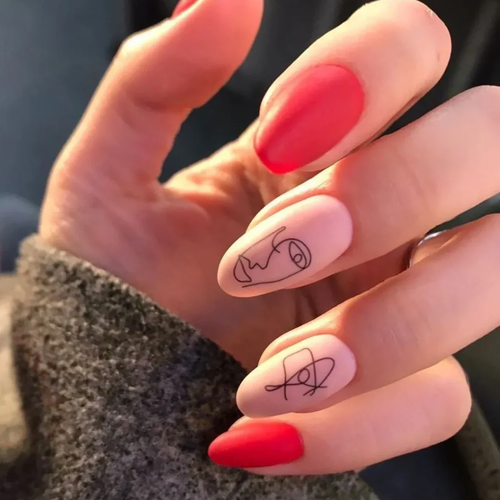 ناخن قرمز با دیزاین مینیمال طرح صورت