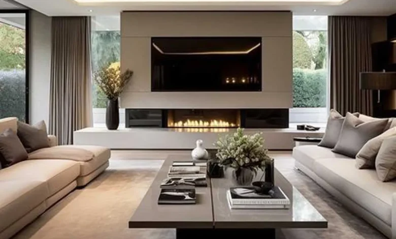 The wall behind the TV with a modern fireplace