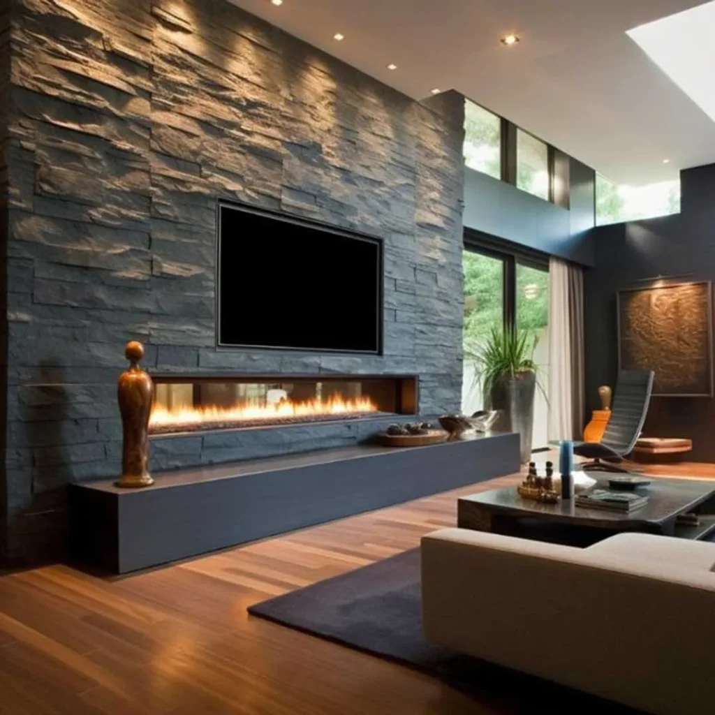 The wall behind the TV with a modern and stylish fireplace