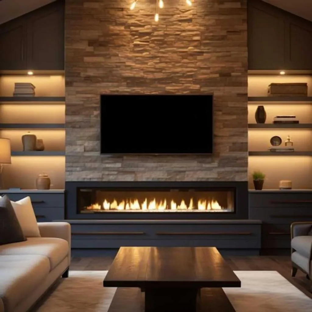 The wall behind the TV with a modern and special fireplace 
