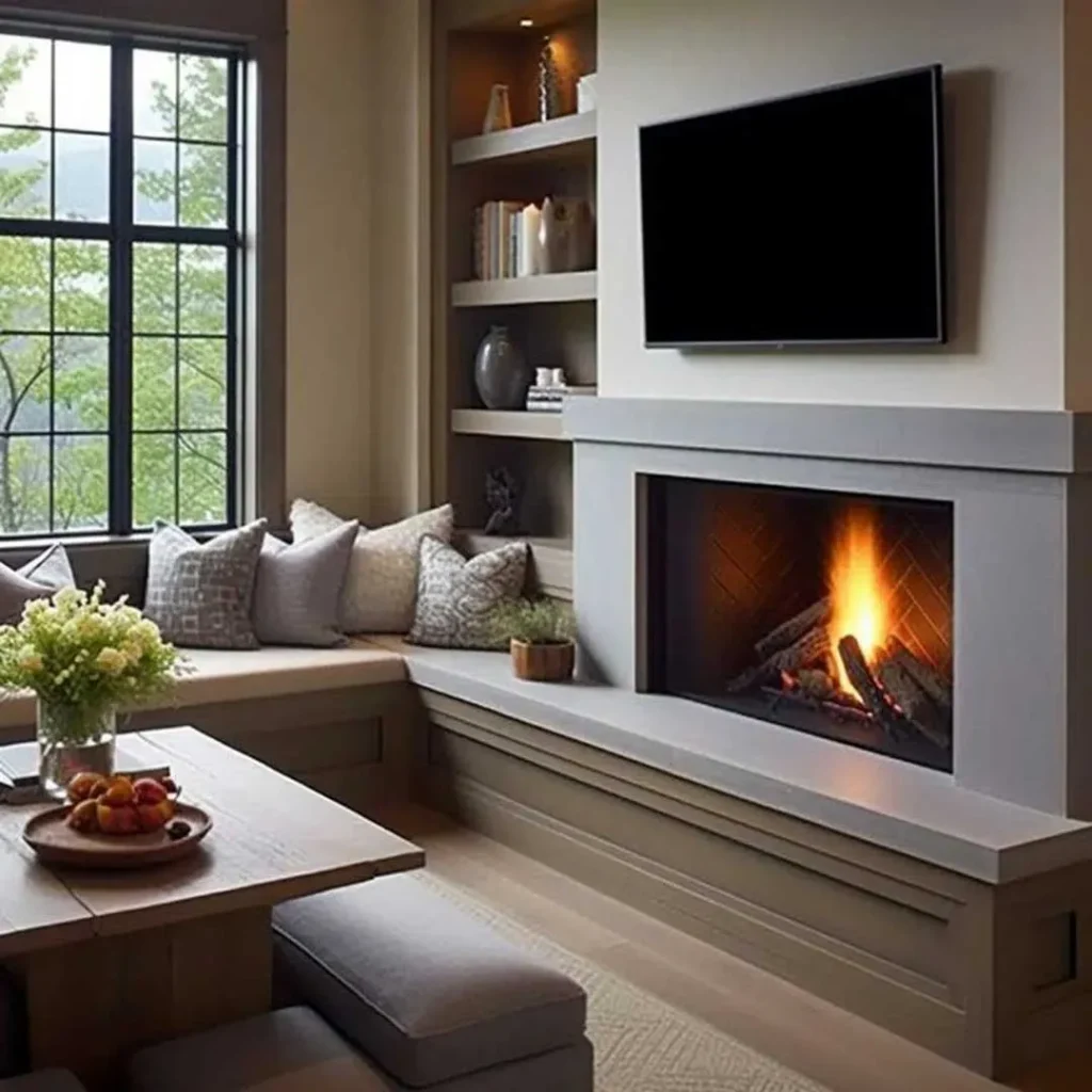 The design of the wall behind the TV with a modern fireplace 
