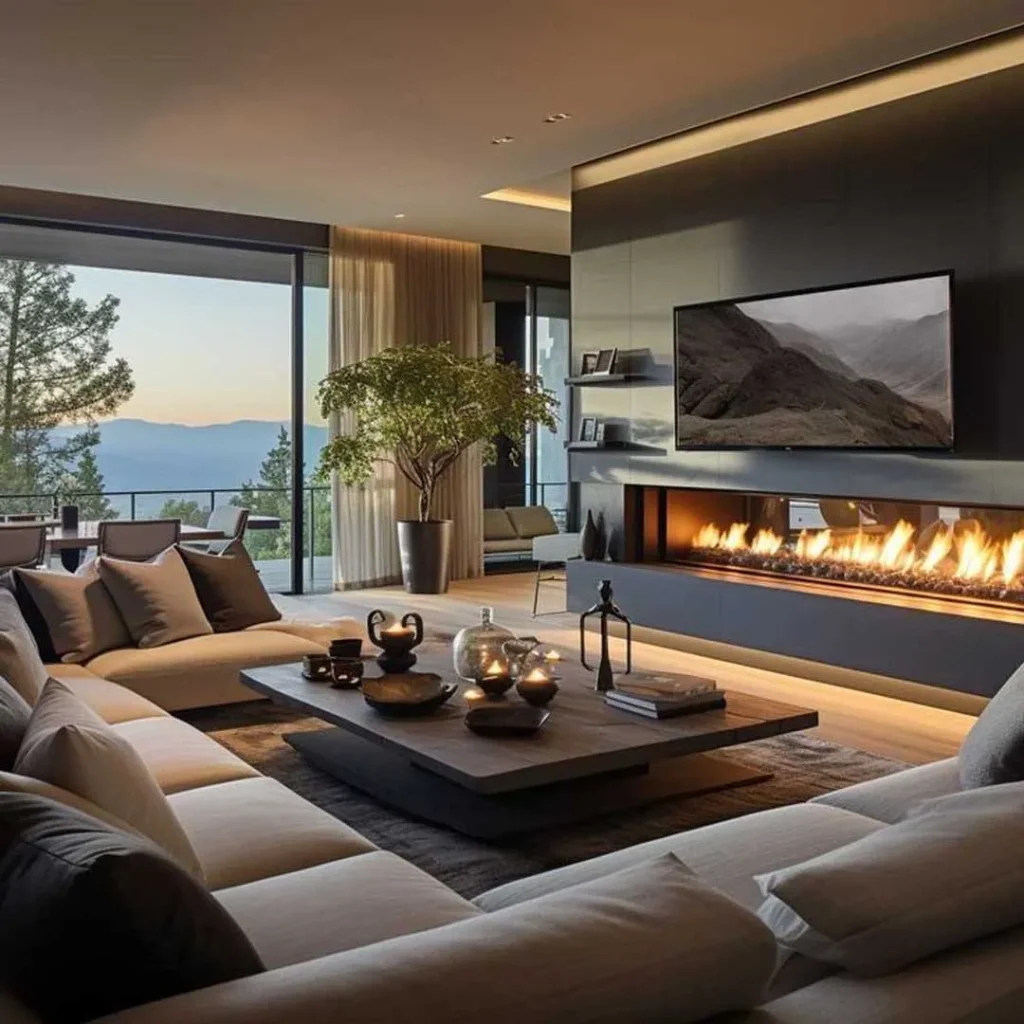 The most beautiful wall behind the TV with a modern fireplace