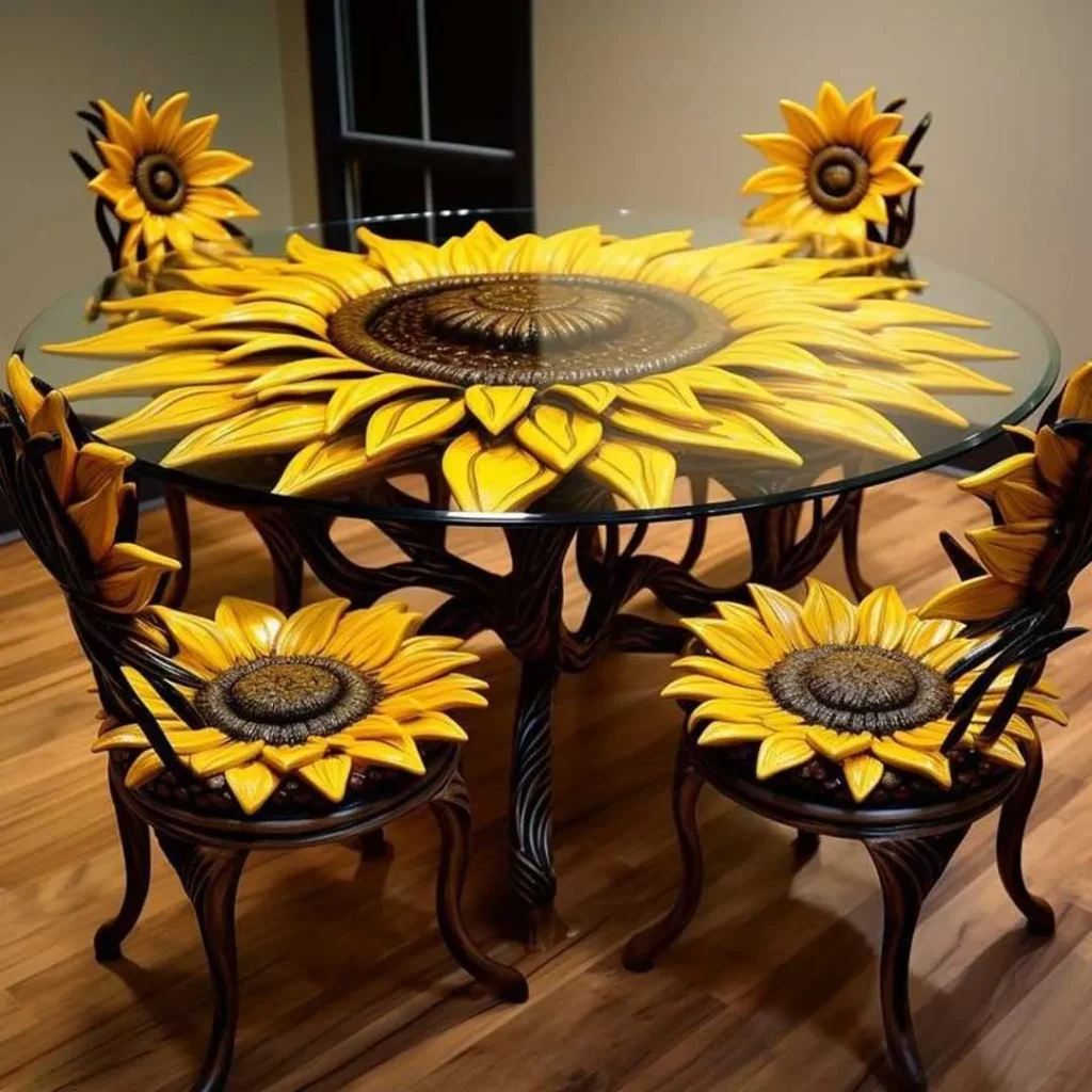 میز غذاخوری با طرح گل آفتابگردان شیشه ای