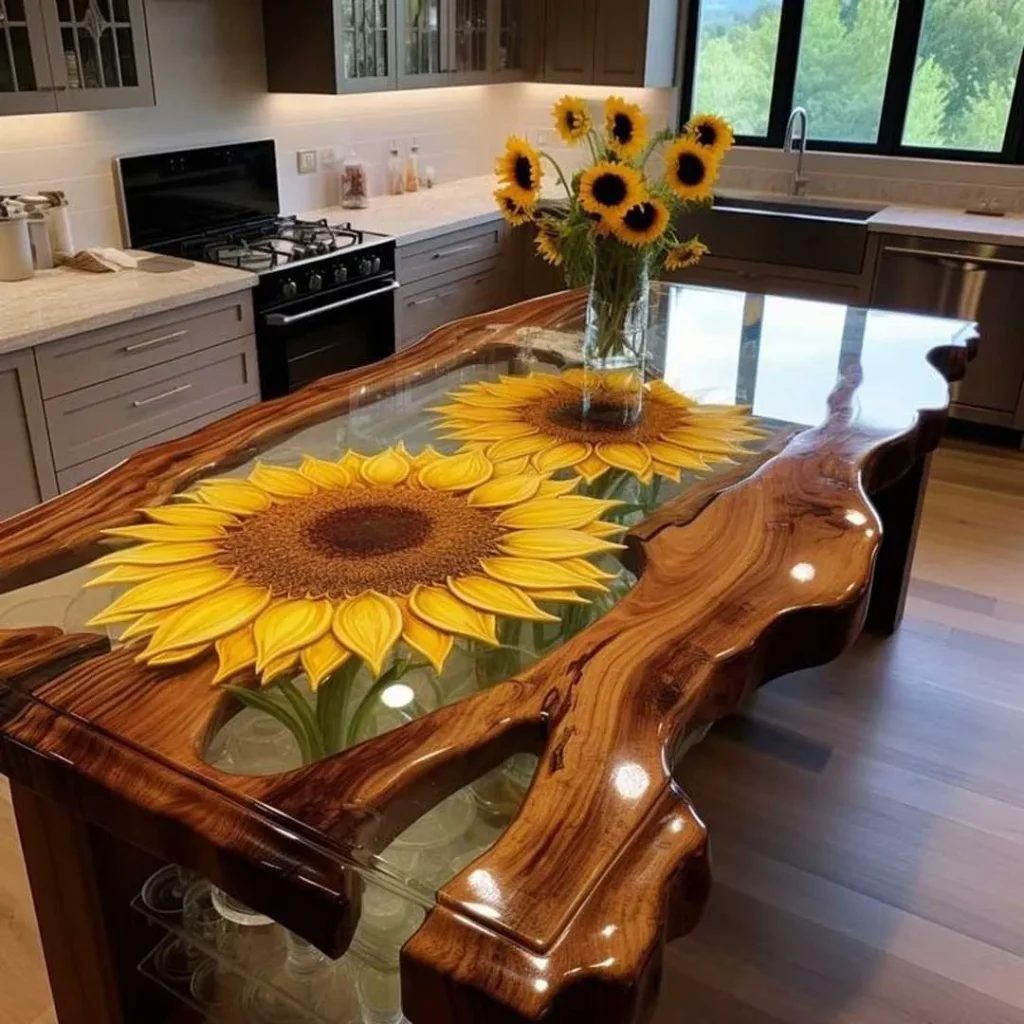 میز غذاخوری با طرح گل آفتابگردان چوبی