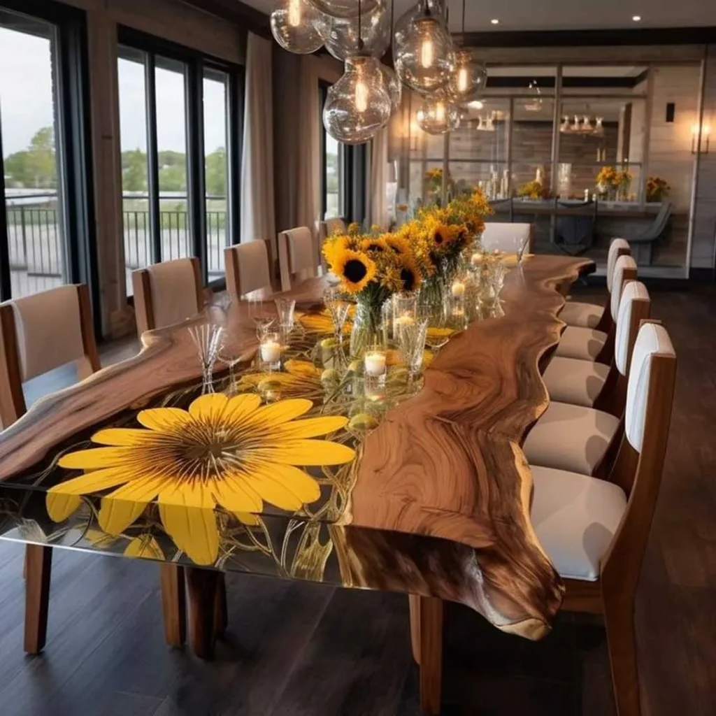 میز غذاخوری با طرح گل آفتابگردان چوبی