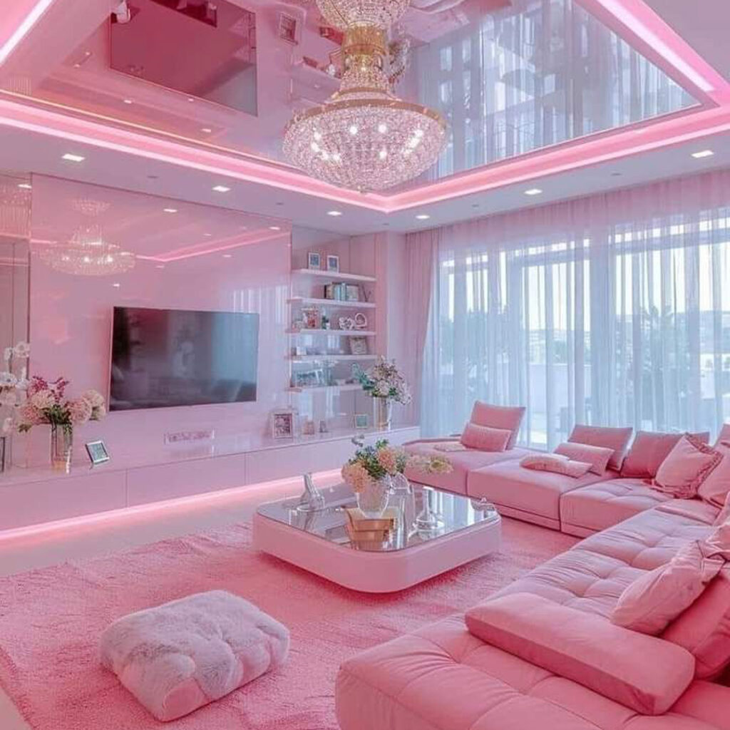 دکوراسیون پذیرایی با رنگ صورتی خاص