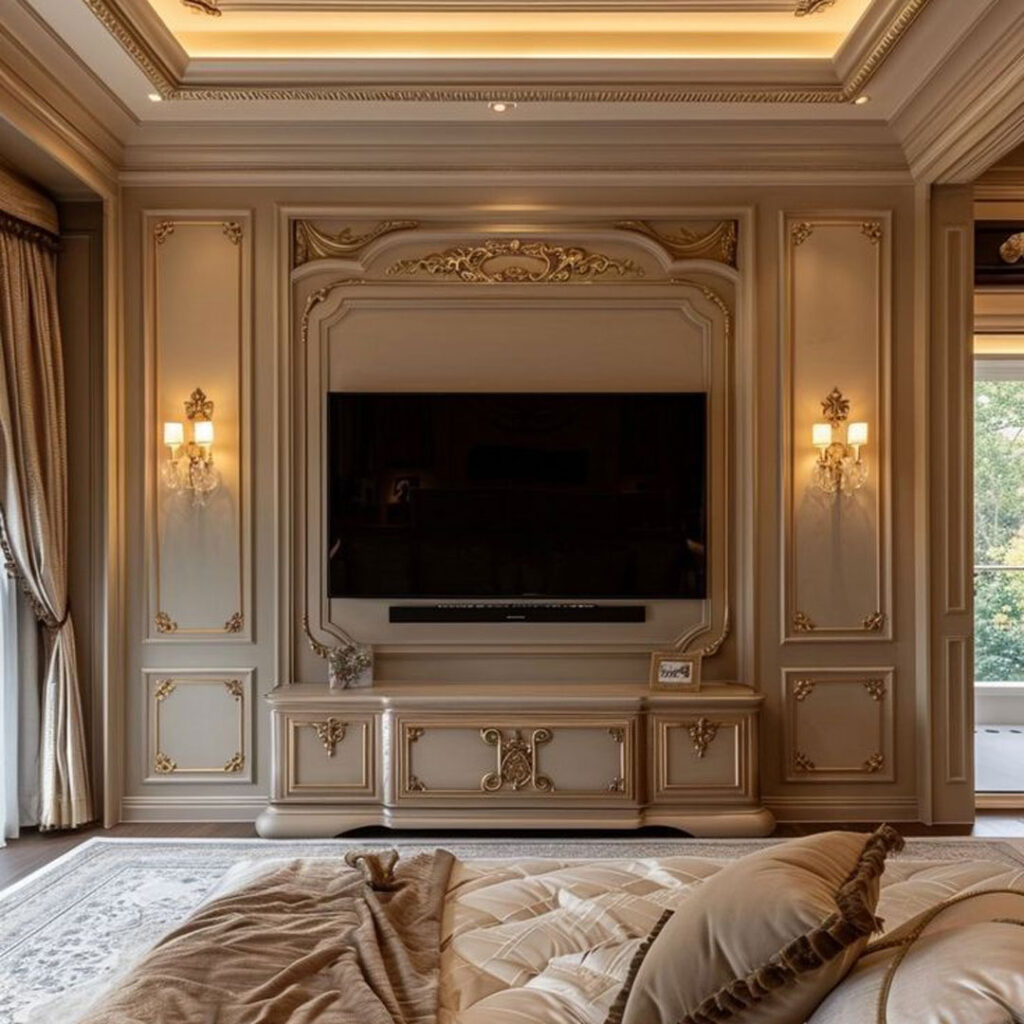 طراحی دیوار پشت تلویزیون به سبک نئوکلاسیک جذاب