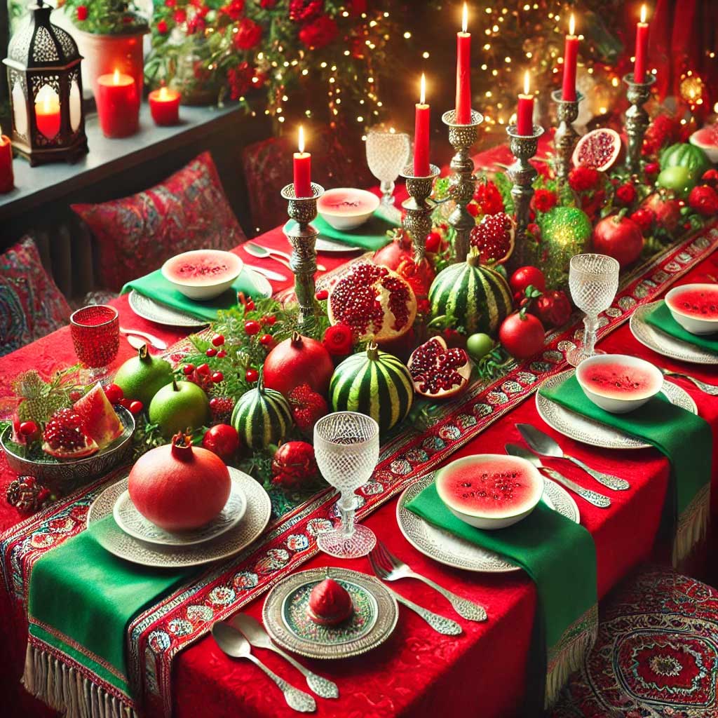 مدل‌های شیک تزئین سفره شب یلدا ۱۴۰۳ با ترکیب رنگ‌های خاص رومیزی 🎉🍉✨