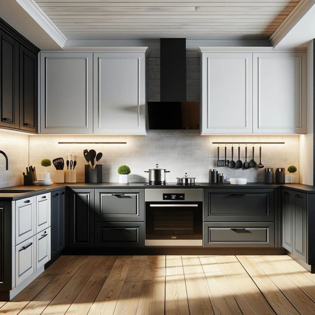 زیباترین طراحی کابینت آشپزخانه سیاه و سفید