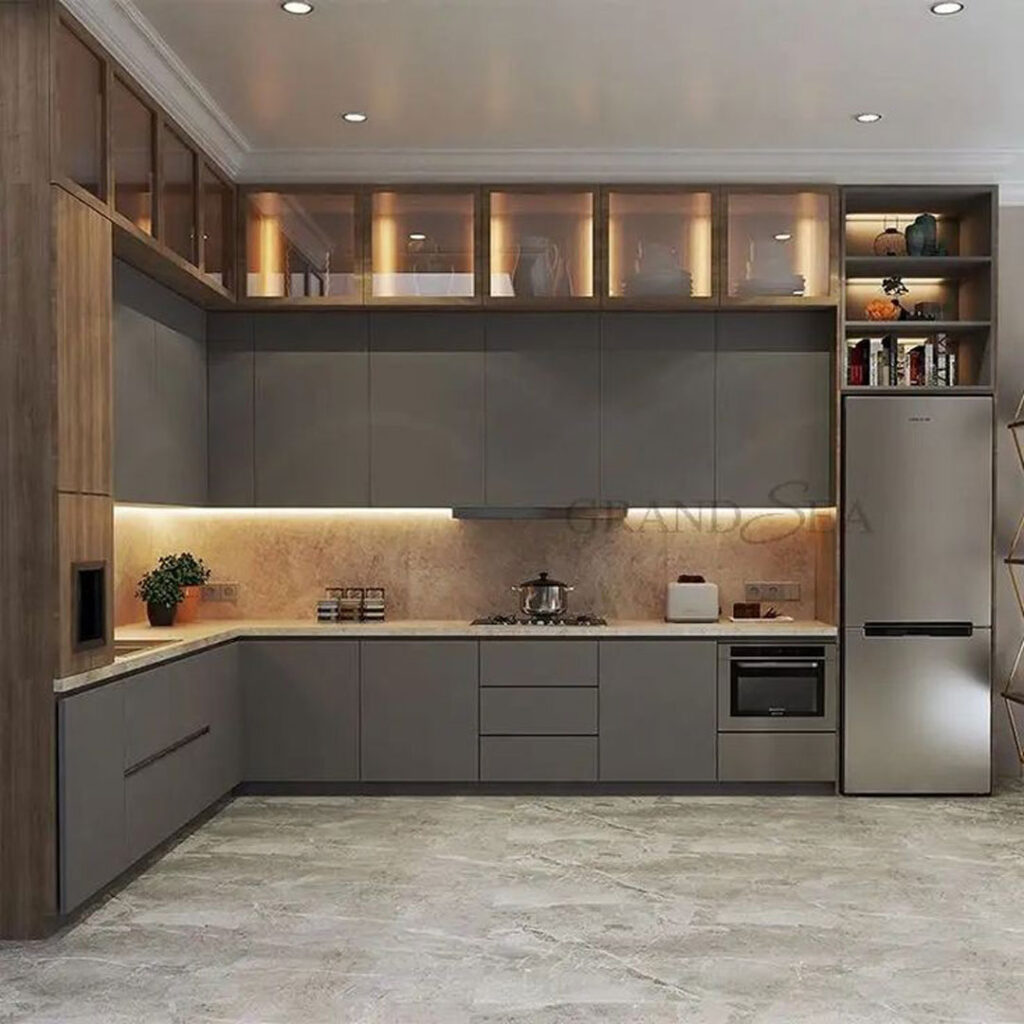 طراحی کابینت آشپزخانه شکل L مدرن