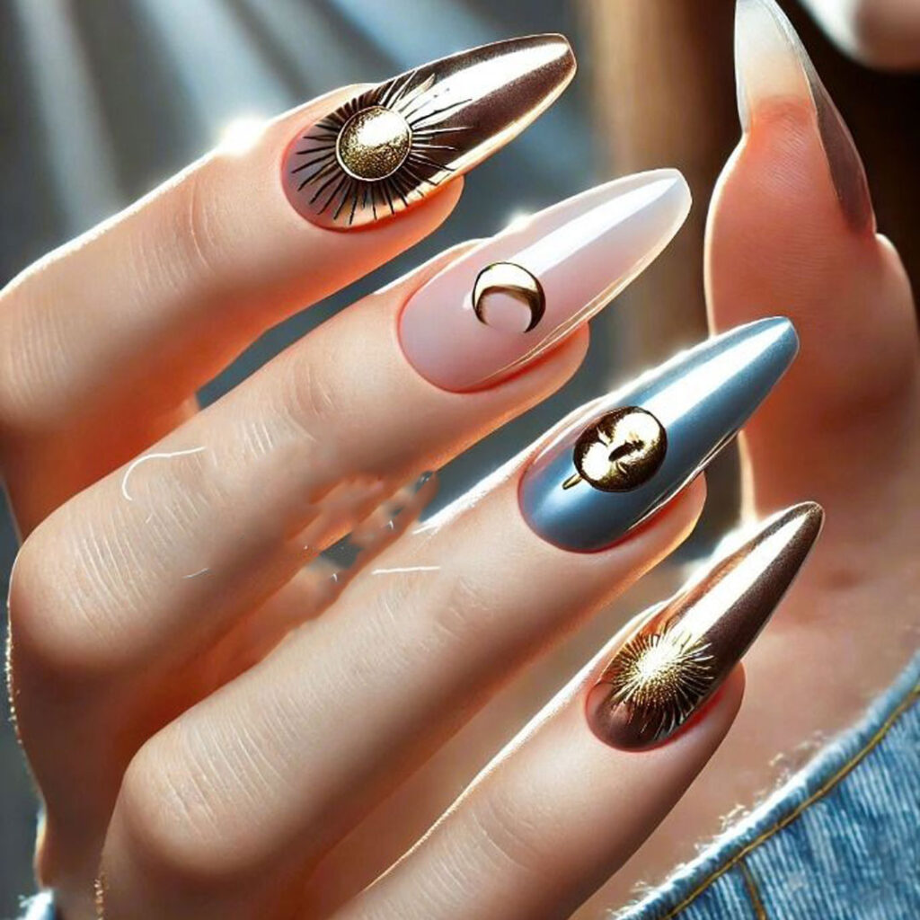 دیزاین ناخن با طرح ماه و ستاره مدرن