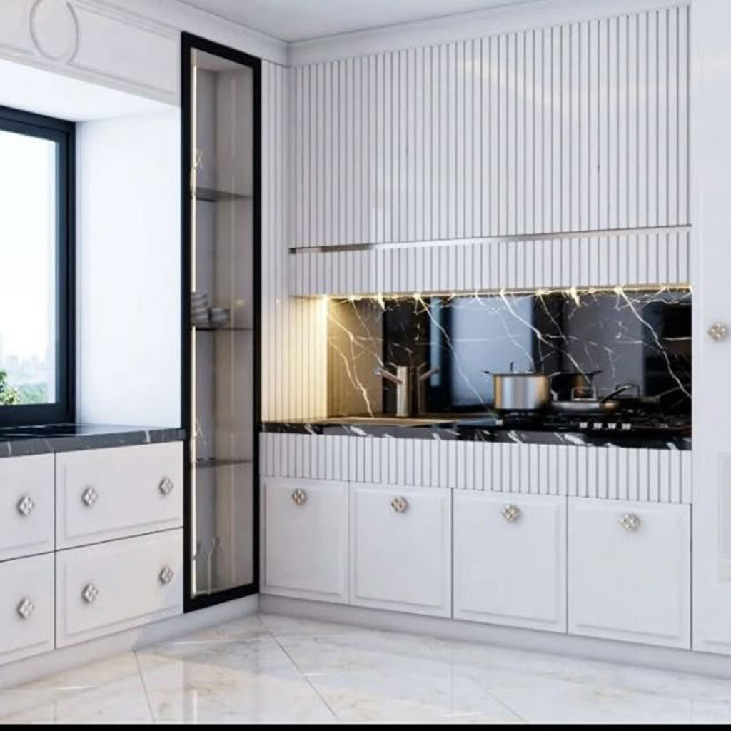 کابینت سفید آشپزخانه مدرن با سطح براق