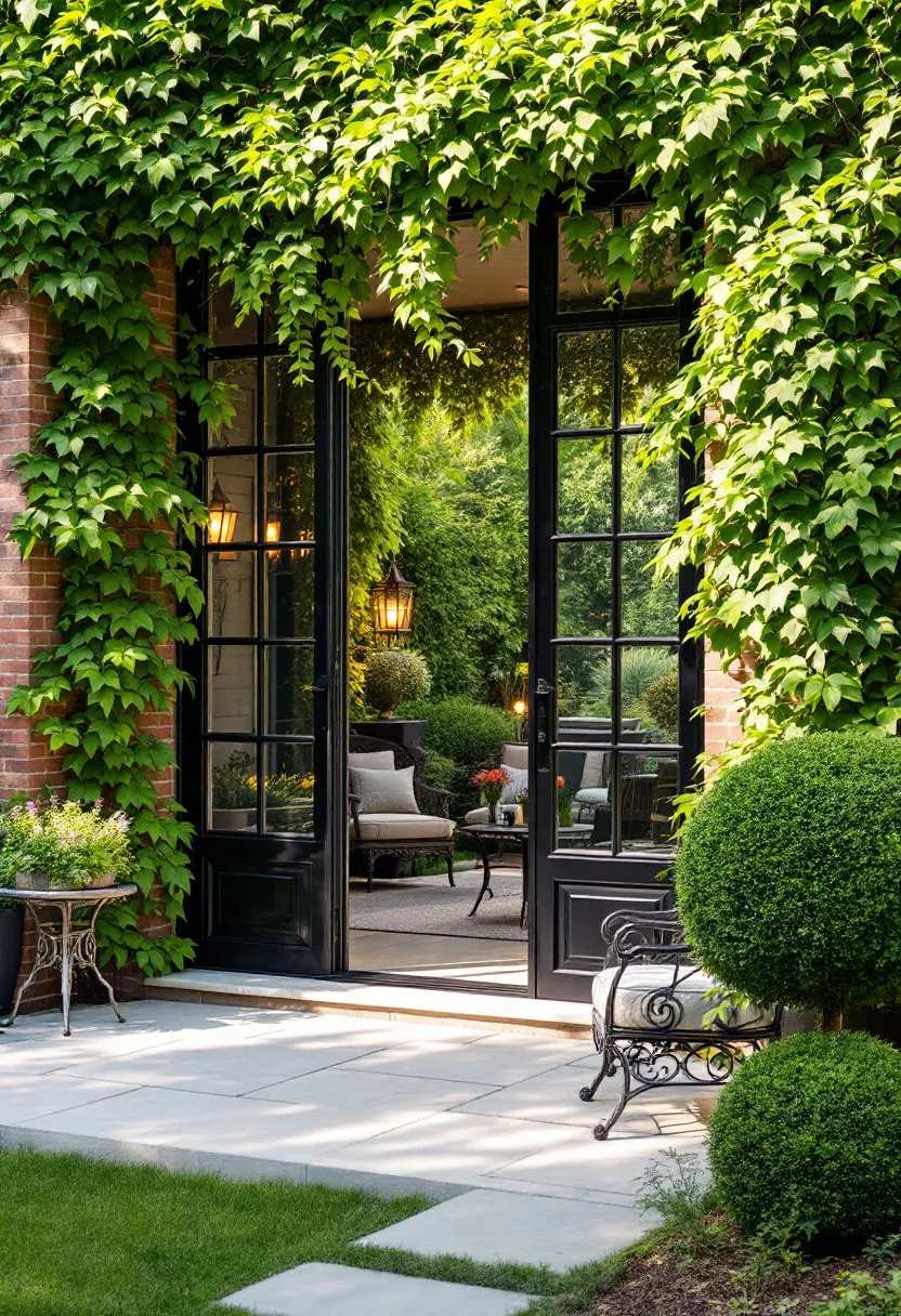 modern victorian garden showing glass doors with black metal frames climbing ivy stone terrace wrought iron furniture and topiary in afternoon sunlight