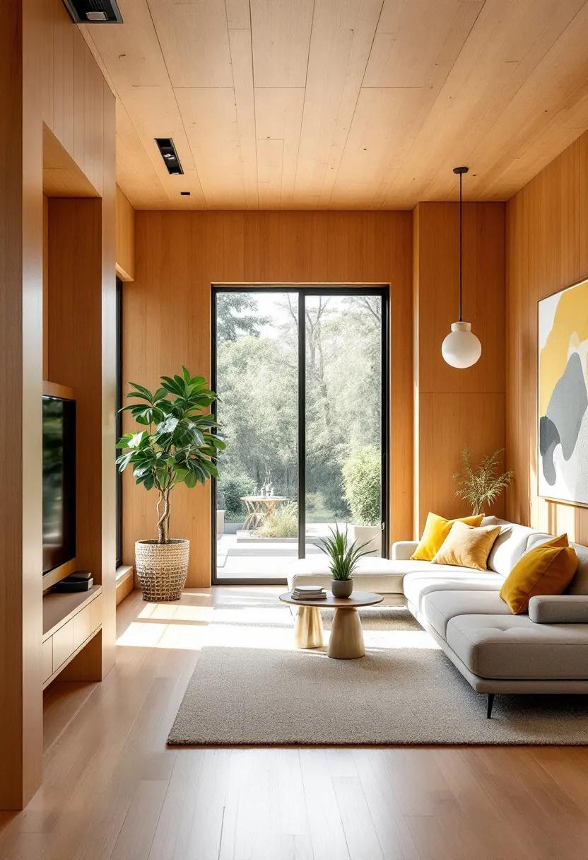 فضای داخلی مینیمالیستی اواسط قرن با الگوهای هندسی، نور طبیعی، مبلمان شیک و راه حل های نگهداری داخلی