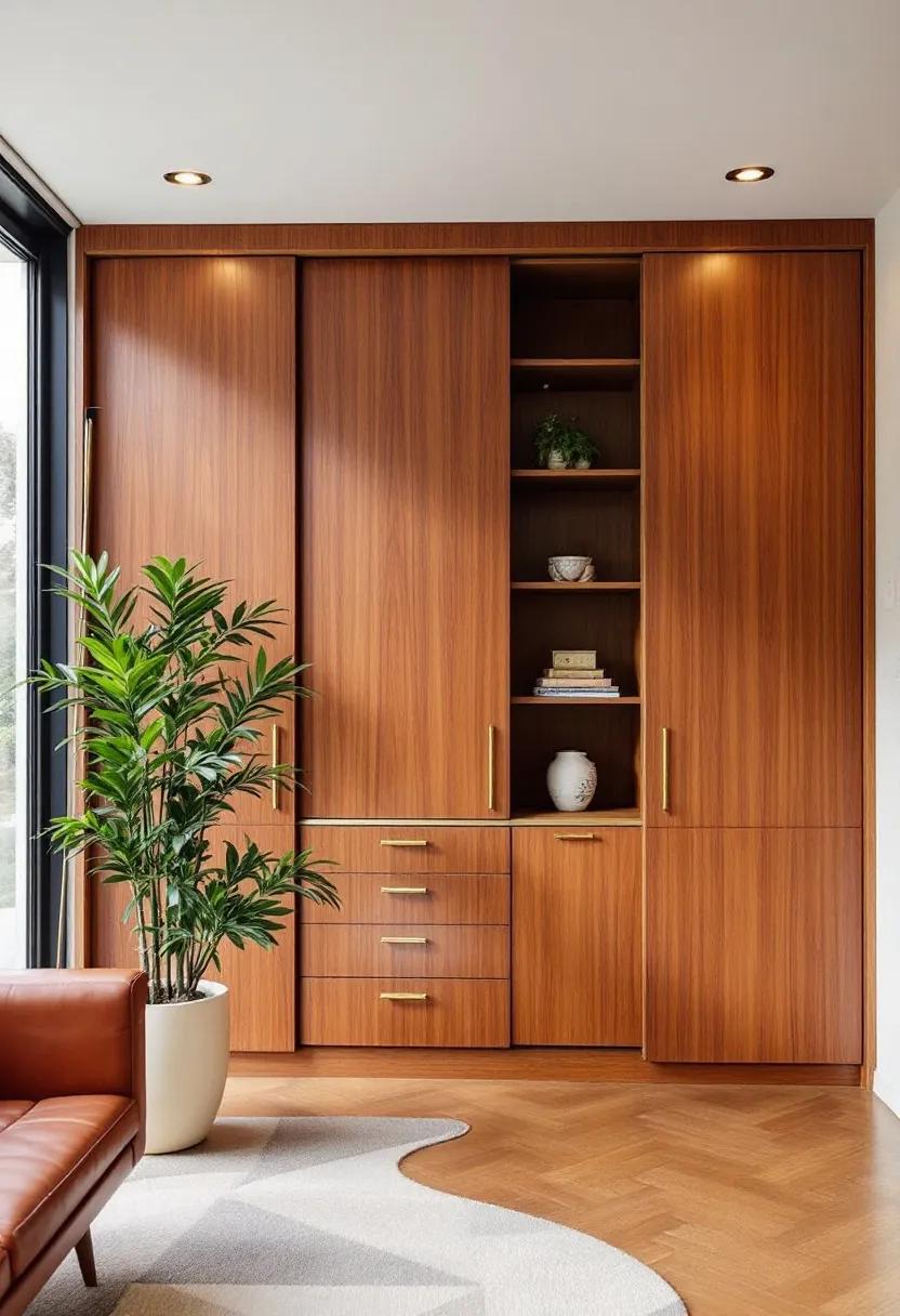 فضای داخلی مدرن با کمد دیواری، کابینت‌های گردویی، چراغ کمانی و فرش هندسی