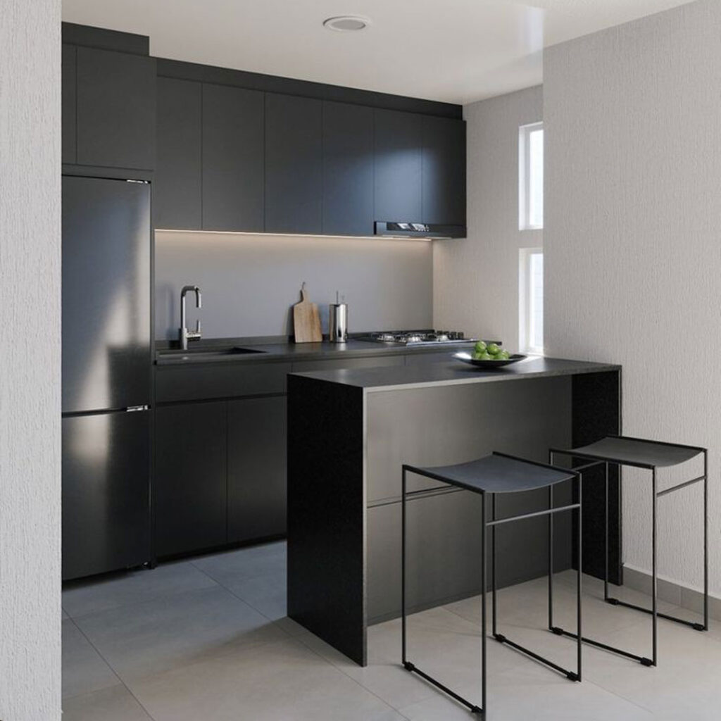 طراحی کابینت آشپزخانه با رنگ مشکی مات زیبا