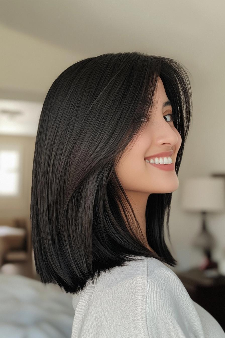 مدل لَب صاف با چتری پرده ای در رنگ مشکی طبیعی - مدل های موی متوسط با چتری