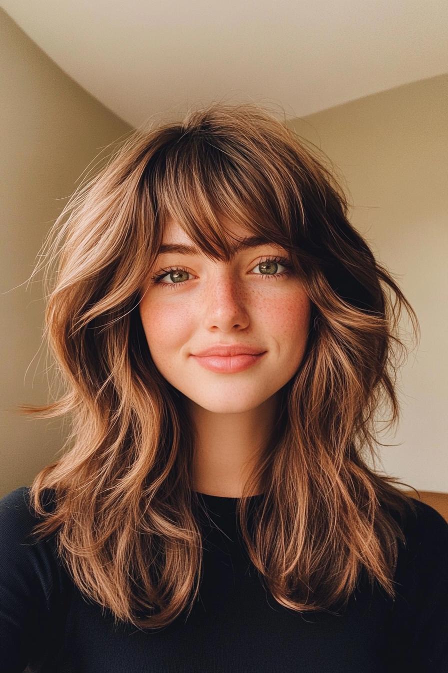 لایه های شگی با چتری باردو در رنگ قهوه ای شاه بلوطی - مدل های موی متوسط با چتری