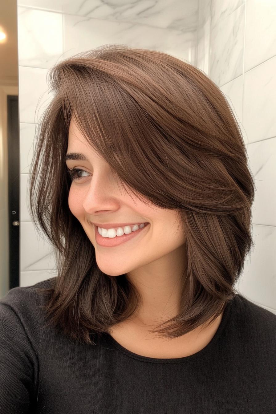 مدل لَب زاویه دار با چتری کنار در رنگ قهوه ای اسپرسو عمیق - مدل های موی متوسط با چتری