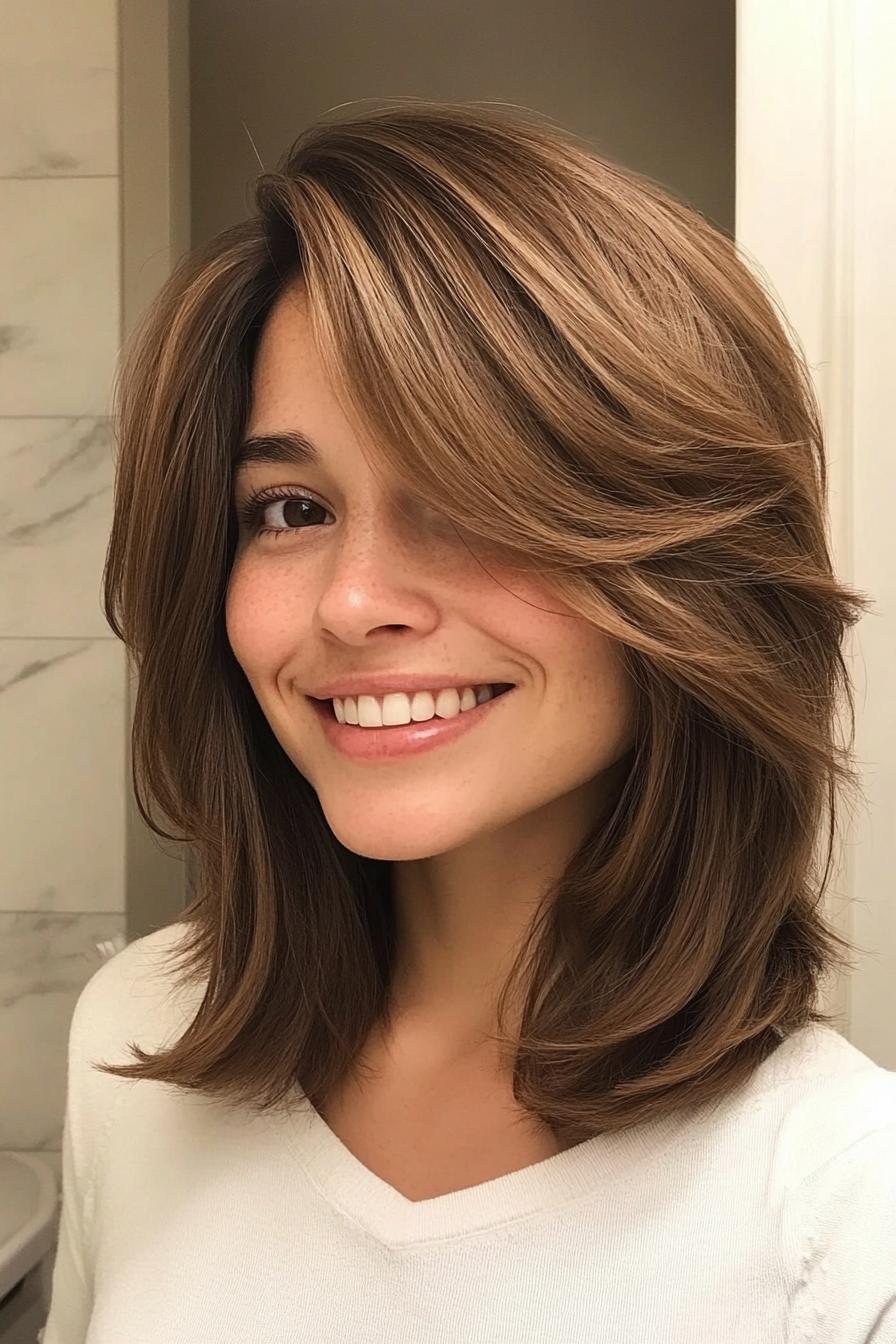 مدل لَب لایه لایه نرم با چتری پرده ای در رنگ قهوه ای شاه بلوطی گرم - مدل های موی متوسط با چتری