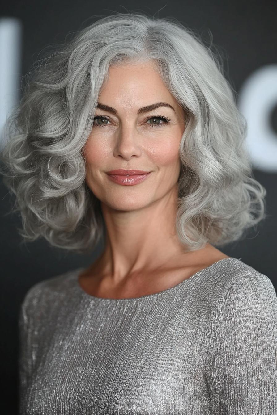 مدل باب فر خانم ها بالای 50 23. Lob with Ringlet Curls in Silver Blonde