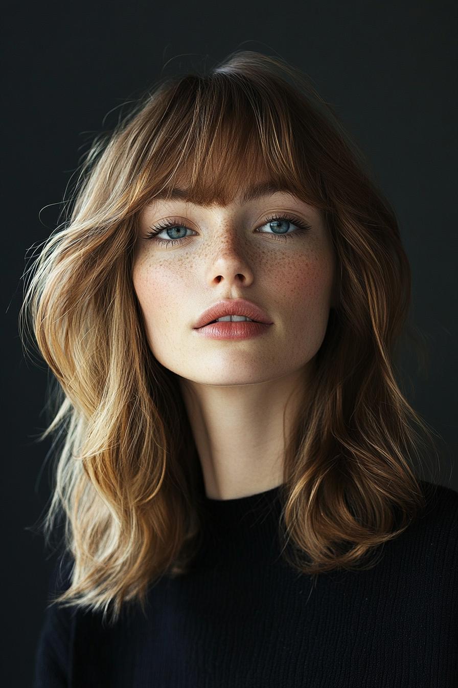 مدل لایه لایه با چتری قاب کننده صورت در رنگ قهوه ای طلایی - مدل های موی متوسط با چتری