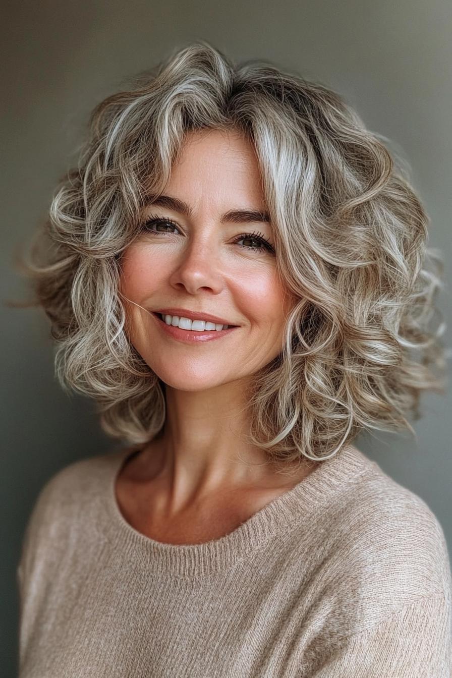 مدل باب فر خانم ها بالای 50 8. Shaggy Curly Bob with Ash Blonde Highlights