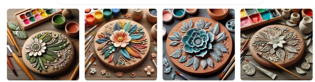 طرح با گواش روی سفال به شکل گل سفالی