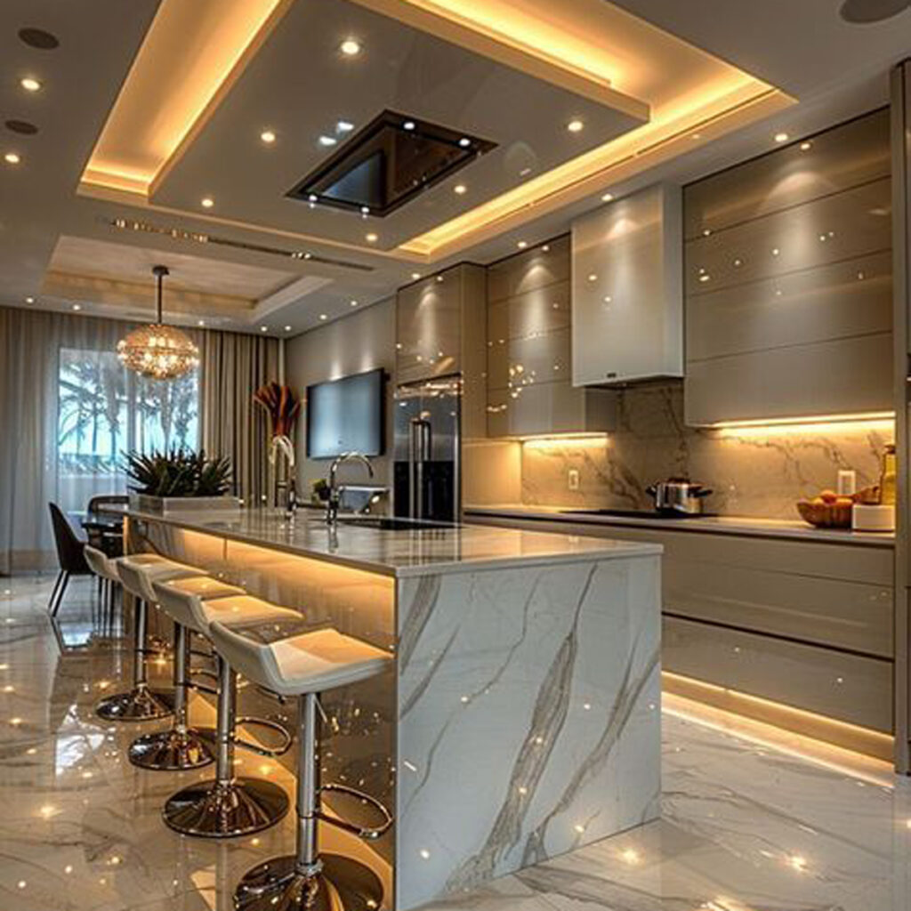 طراحی کابینت آشپزخانه با نورپردازی خاص