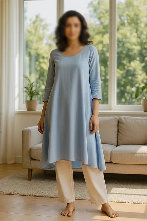 پیراهن زنانه خانگی یقه گرد با رنگ آبی روشن