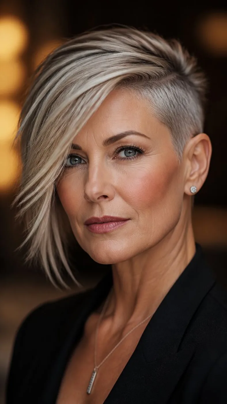 bold asymmetrical pixie style؛ پیکسِی موهای نازک بالای 50 سال