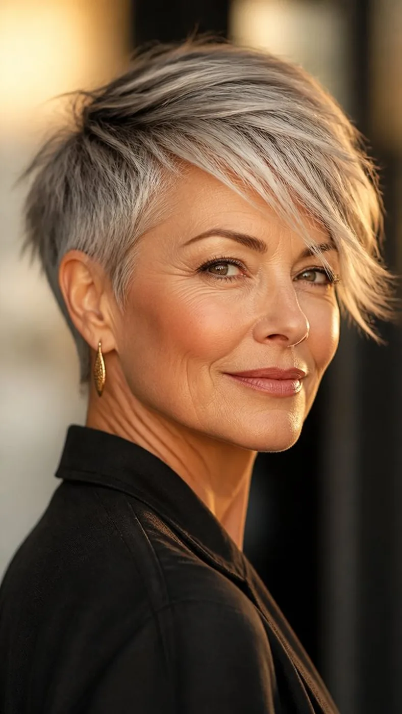 bold side swept pixie cut؛ پیکسِی موهای نازک بالای 50 سال