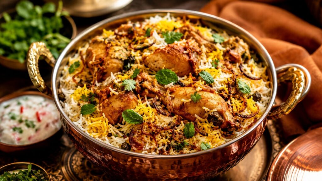 طرز تهیه بریانی مرغ حلال در قابلمه سرو با برنج زعفرانی